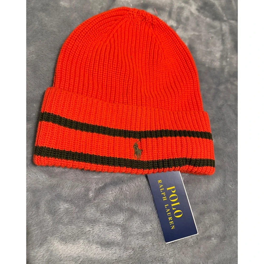 Polo Ralph Lauren Kids Orange Green Striped Ribbed Knit Beanie Hat OS 8-20 NEW